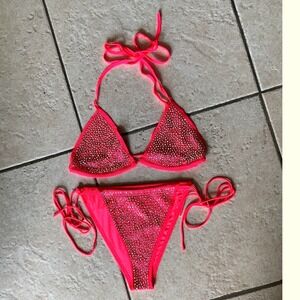 Banjul Rhinestone Bikini Set Womens S Neon Pink Excellent Triangle String 2pc